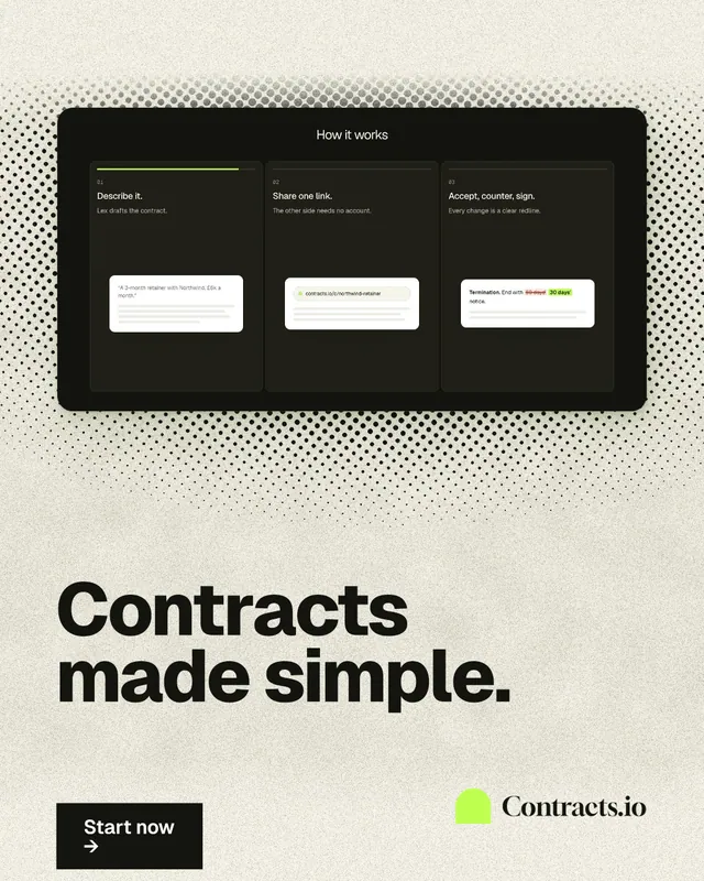 Instagram portrait post for contracts.io: "Contracts made simple." Ink sticker style, bottom layout, light palette in yellow, black, grey.
