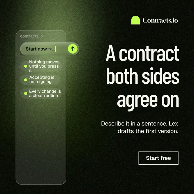 Instagram post for contracts.io: "A contract both sides agree on". Dark deco style, right layout, dark palette in green, black, grey.