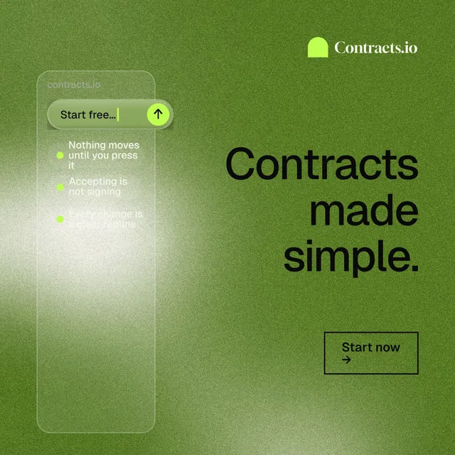 Instagram post for contracts.io: "Contracts made simple." Cyanotype style, right layout, light palette in green.