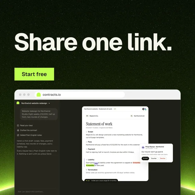 Instagram post for contracts.io: "Share one link." Swiss style, browser layout, dark palette in green, black, white.