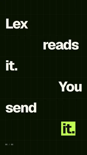 Video for contracts.io: "Lex reads it. You send it.". Kinetic type grid, 6.0 s, dark palette.