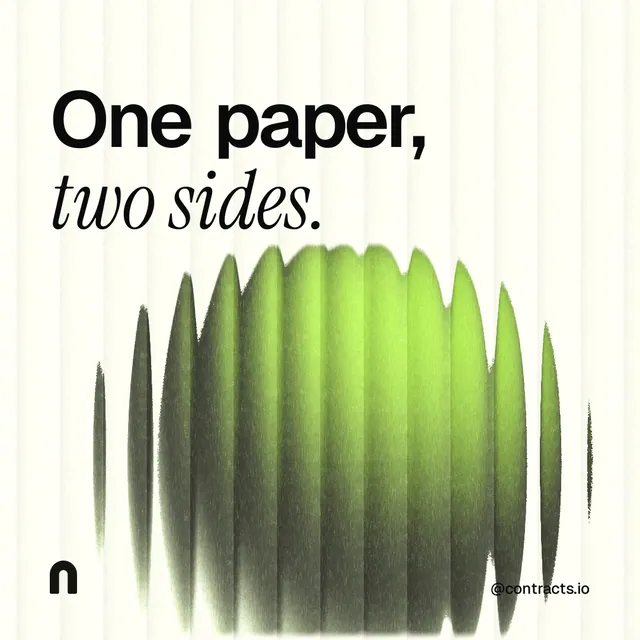 Instagram post for contracts.io: "One paper, two sides." Auto 1x1 style, technique:shader field layout, light palette in white, grey, green.