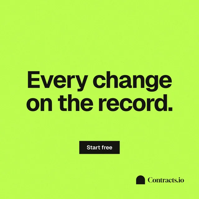 Instagram post for contracts.io: "Every change on the record." Swiss style, centred layout, light palette in green.