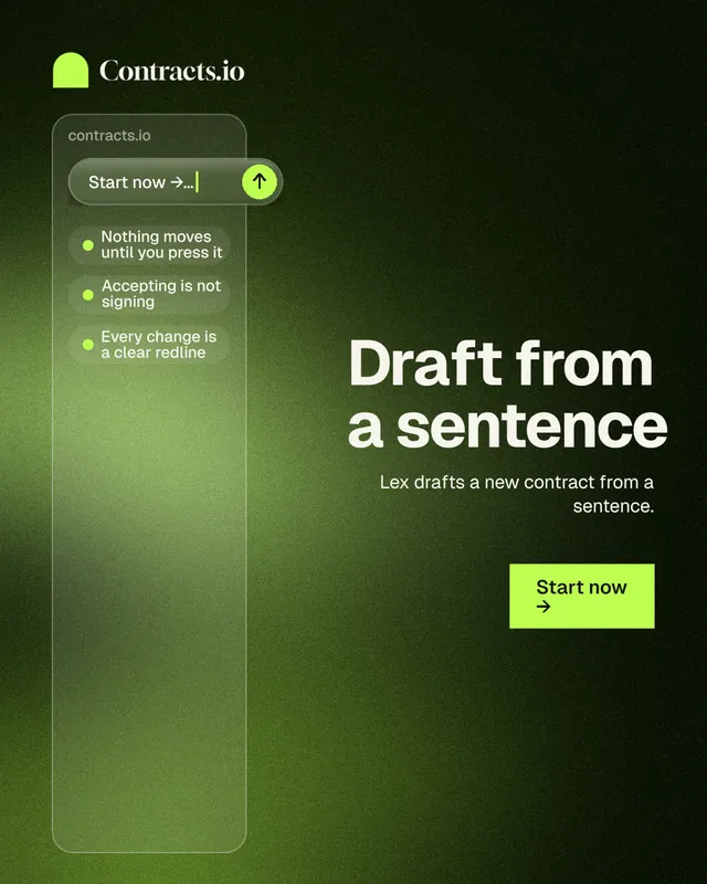 Instagram portrait post for contracts.io: "Draft from a sentence". Swiss style, right layout, dark palette in black, green.