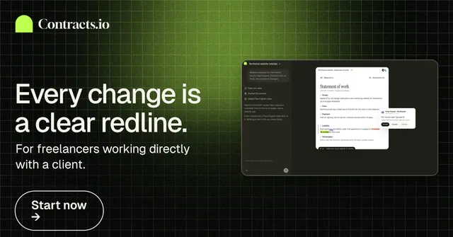 Social ad for contracts.io: "Every change is a clear redline." Phosphor atlas style, bottom layout, dark palette in green, grey, black.