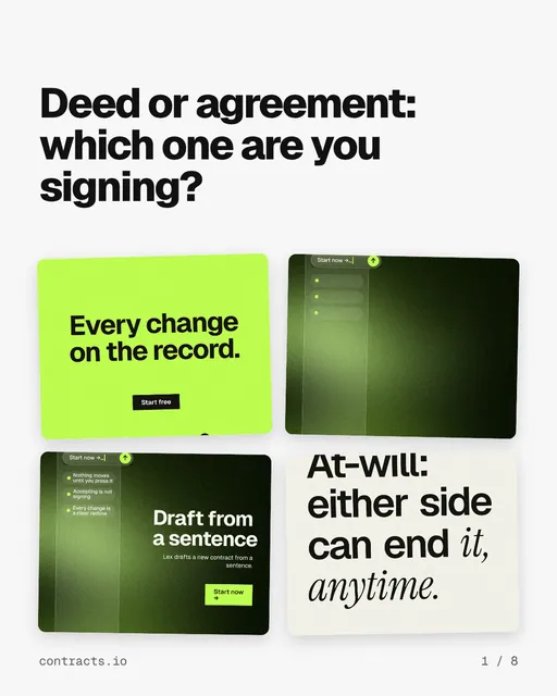 Carousel for contracts.io: "Deed or agreement: which one are you signing?". Collection carousel, 8 slides, light palette.