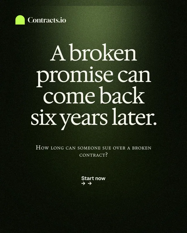 Instagram portrait post for contracts.io: "A broken promise can come back six years later." Dark deco style, smallcaps layout, dark palette in black, grey.