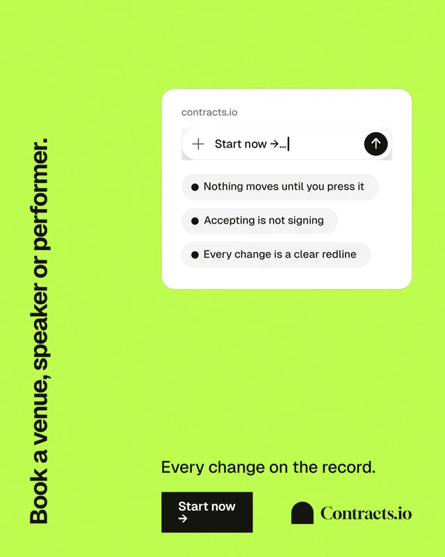 Instagram portrait post for contracts.io: "Book a venue, speaker or performer." Swiss style, vertical layout, light palette in green.