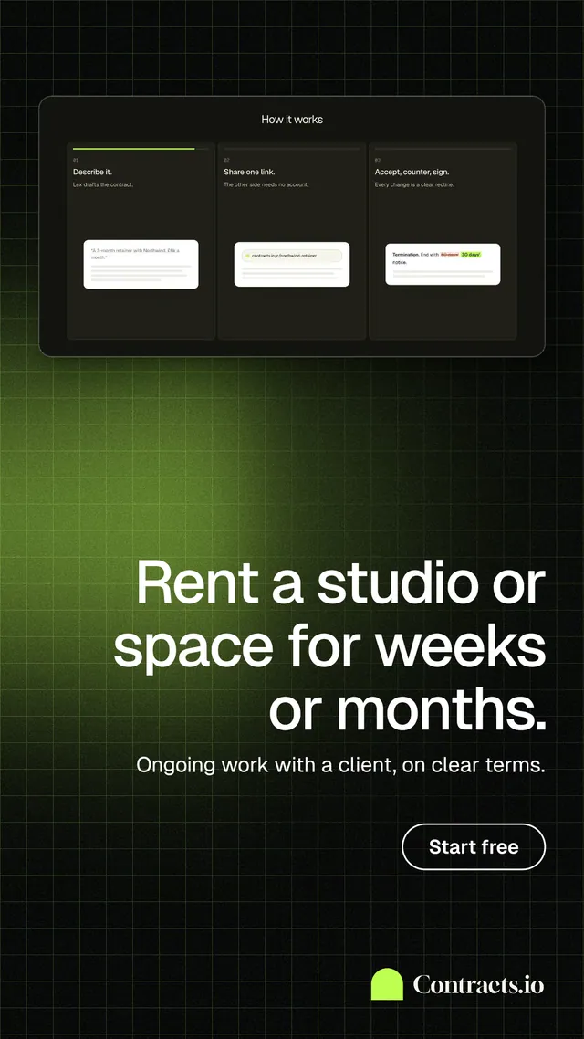 Instagram story for contracts.io: "Rent a studio or space for weeks or months." Phosphor atlas style, right layout, dark palette in black, green.