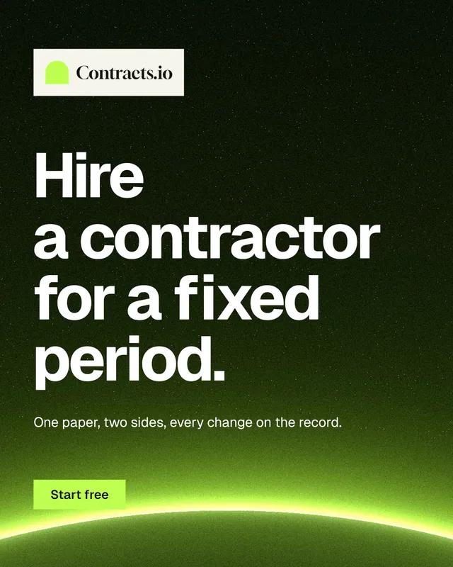 Instagram portrait post for contracts.io: "Hire a contractor for a fixed period." Swiss style, announce layout, dark palette in green, black.