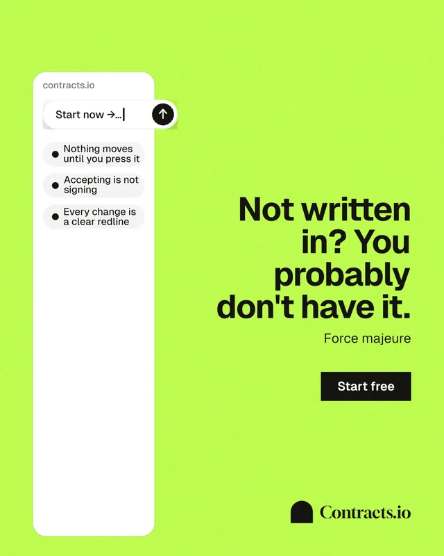 Instagram portrait post for contracts.io: "Not written in? You probably don't have it." Swiss style, right layout, light palette in green.