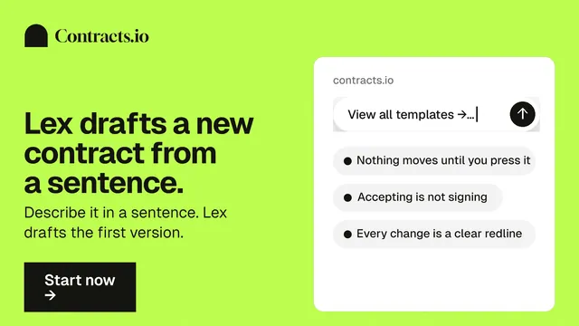 Landscape graphic for contracts.io: "Lex drafts a new contract from a sentence." Swiss style, bottom layout, light palette in green, white.