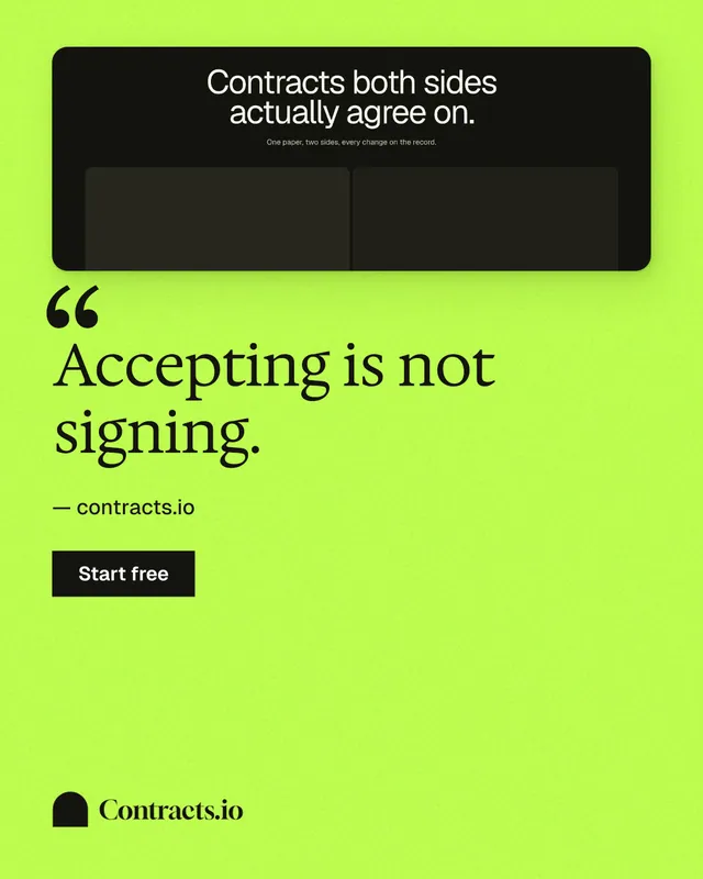 Instagram portrait post for contracts.io: "Accepting is not signing." Swiss style, quote layout, light palette in green, black.
