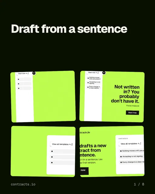 Carousel for contracts.io: "Draft from a sentence". Collection carousel, 8 slides, dark palette.