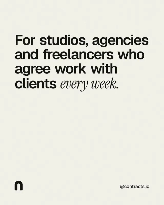 Instagram portrait post for contracts.io: "For studios, agencies and freelancers who agree work with clients every week." Editorial style, technique:mixed type lockup layout, light palette in white, grey.