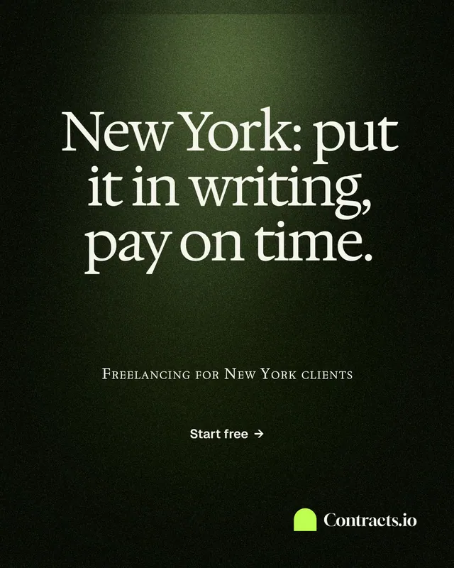 Instagram portrait post for contracts.io: "New York: put it in writing, pay on time." Dark deco style, smallcaps layout, dark palette in black, green, grey.