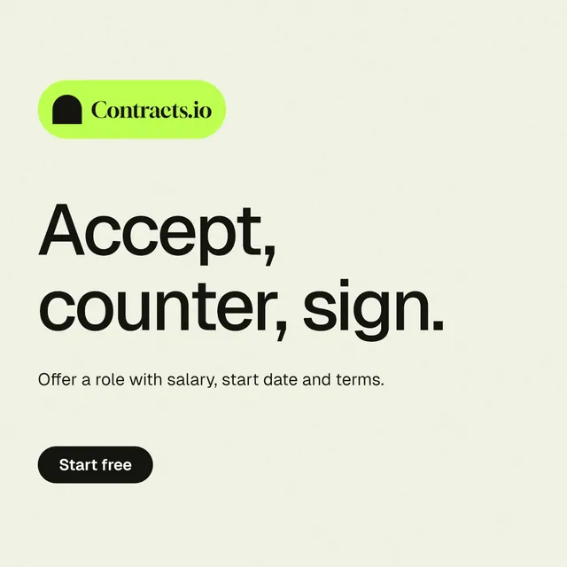 Instagram post for contracts.io: "Accept, counter, sign." Data card style, announce layout, light palette in white, yellow, grey.