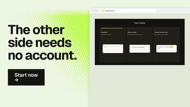 Landscape graphic for contracts.io: "The other side needs no account." Swiss style, browser layout, light palette in green, white, black.