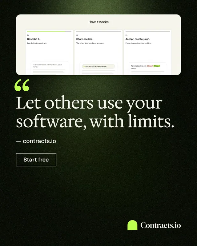 Instagram portrait post for contracts.io: "Let others use your software, with limits." Dark deco style, quote layout, dark palette in black, white, green.