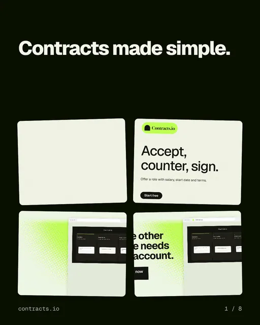 Carousel for contracts.io: "Contracts made simple.". Collection carousel, 8 slides, dark palette.