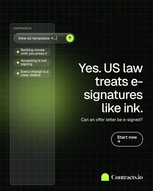 Instagram portrait post for contracts.io: "Yes. US law treats e-signatures like ink." Phosphor atlas style, right layout, dark palette in black, green.