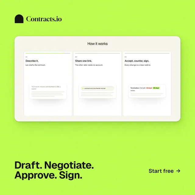 Instagram post for contracts.io: "Draft. Negotiate. Approve. Sign." Swiss style, image led layout, light palette in green, white.