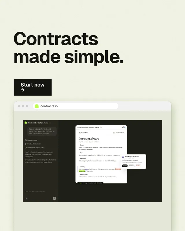 Instagram portrait post for contracts.io: "Contracts made simple." Swiss style, browser layout, light palette in yellow, black, white.