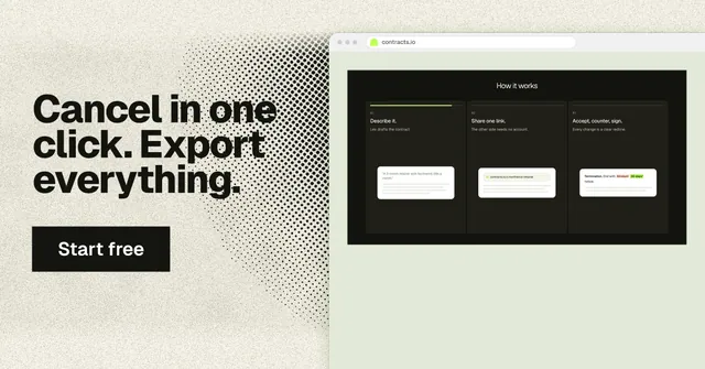 Social ad for contracts.io: "Cancel in one click. Export everything." Ink sticker style, browser layout, light palette in black, yellow, green.