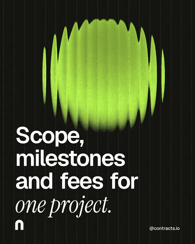 Instagram portrait post for contracts.io: "Scope, milestones and fees for one project." Auto 4x5 style, technique:shader field layout, dark palette in black, green.