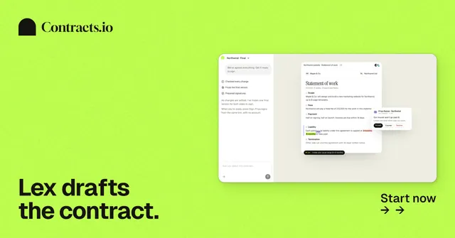Social ad for contracts.io: "Lex drafts the contract." Swiss style, image led layout, light palette in green.