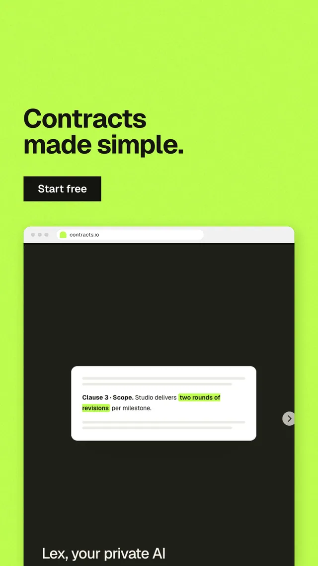 Instagram story for contracts.io: "Contracts made simple." Swiss style, browser layout, light palette in green, black.