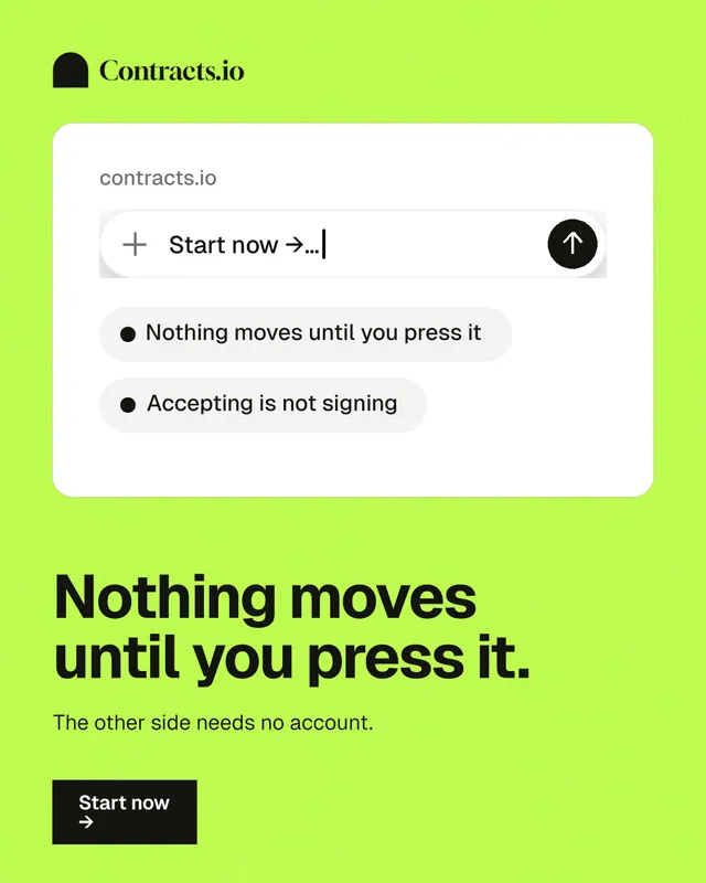 Instagram portrait post for contracts.io: "Nothing moves until you press it." Swiss style, bottom layout, light palette in green, white.