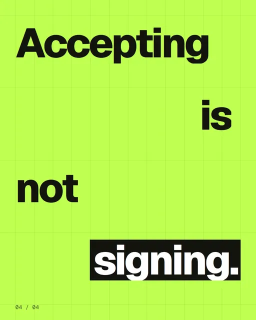 Video for contracts.io: "Accepting is not signing.". Kinetic type grid, 6.0 s, light palette.