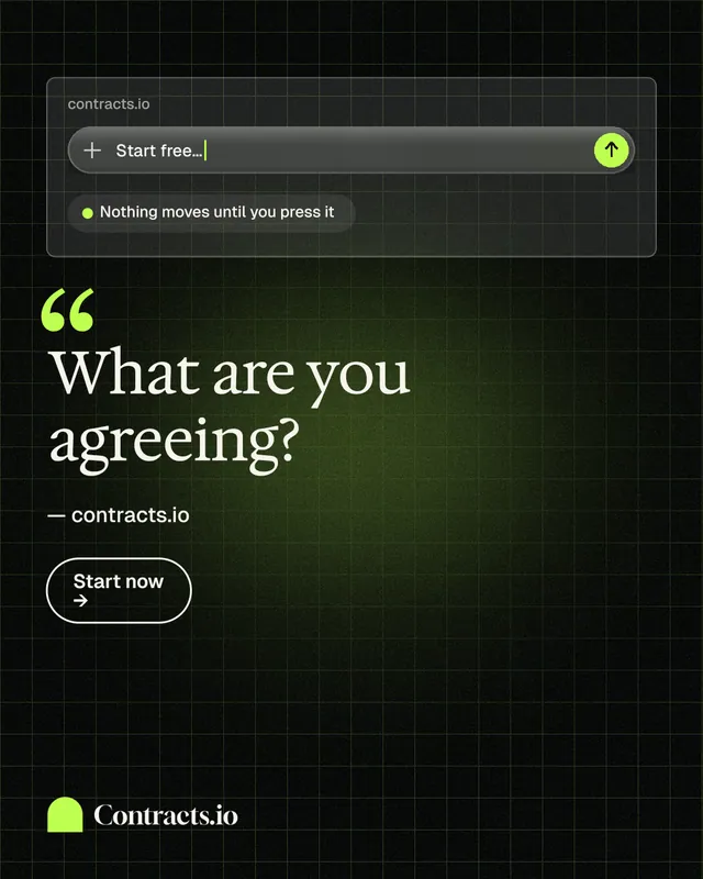 Instagram portrait post for contracts.io: "What are you agreeing?" Phosphor atlas style, quote layout, dark palette in black, green, grey.