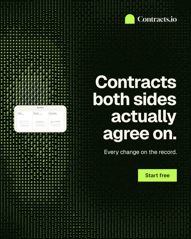 Instagram portrait post for contracts.io: "Contracts both sides actually agree on." Swiss style, right layout, dark palette in black, grey.