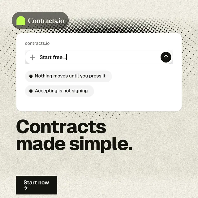 Instagram post for contracts.io: "Contracts made simple." Ink sticker style, bottom layout, light palette in yellow, white, grey.