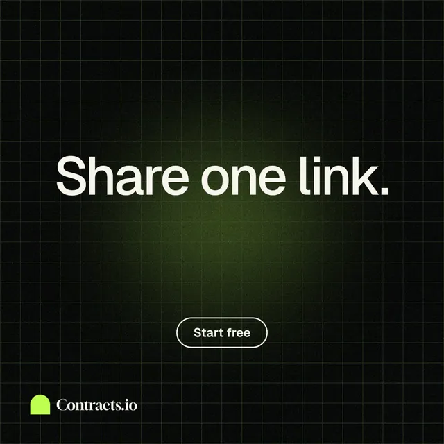 Instagram post for contracts.io: "Share one link." Phosphor atlas style, centred layout, dark palette in black, green.