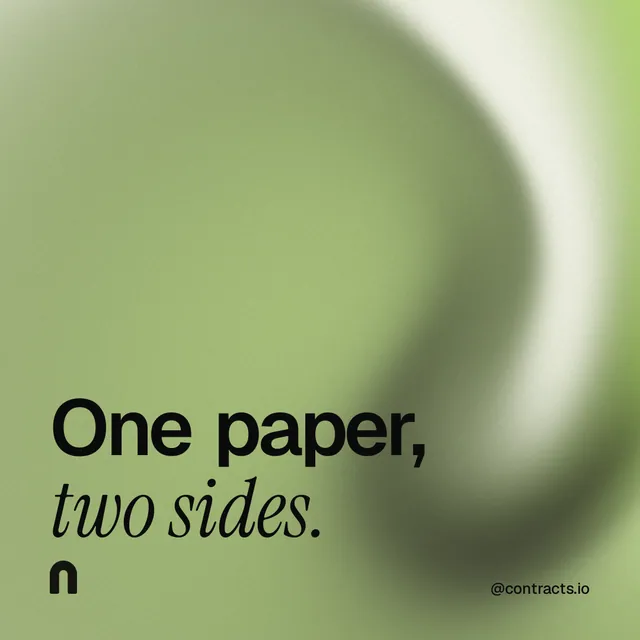 Instagram post for contracts.io: "One paper, two sides." Auto 1x1 style, technique:shader field layout, light palette in green.
