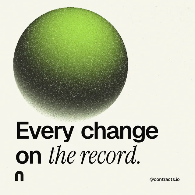 Instagram post for contracts.io: "Every change on the record." Auto 1x1 style, technique:shader field layout, light palette in white, grey.
