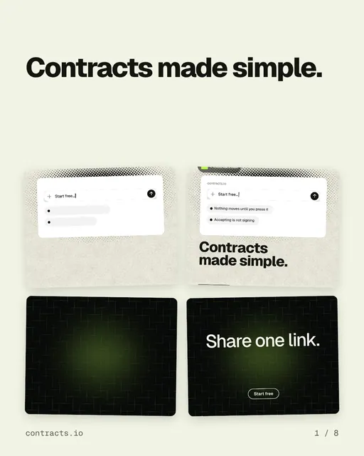 Carousel for contracts.io: "Contracts made simple.". Collection carousel, 8 slides, light palette.