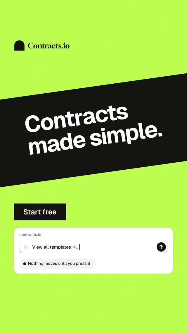 Instagram story for contracts.io: "Contracts made simple." Swiss style, diagonal layout, light palette in green, grey.