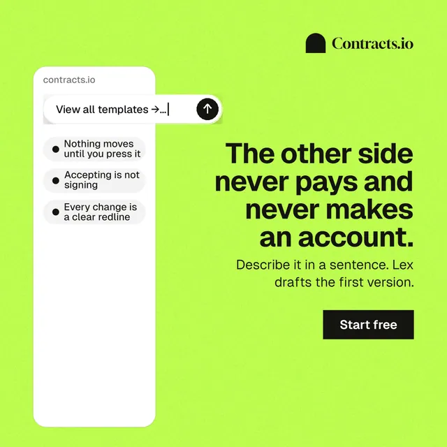 Instagram post for contracts.io: "The other side never pays and never makes an account." Swiss style, right layout, light palette in green.