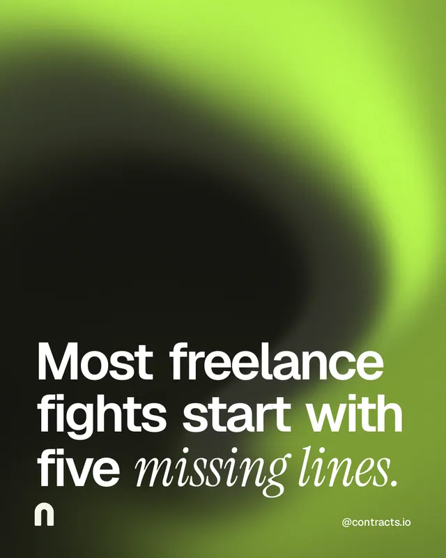 Instagram portrait post for contracts.io: "Most freelance fights start with five missing lines." Auto 4x5 style, technique:shader field layout, dark palette in black, green.