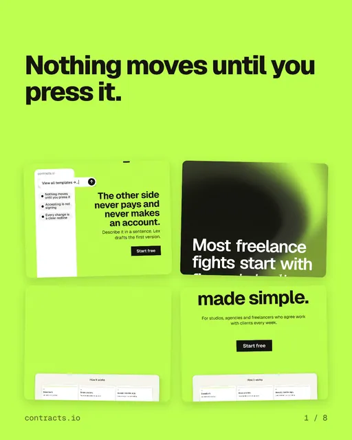 Carousel for contracts.io: "Nothing moves until you press it.". Collection carousel, 8 slides, light palette.