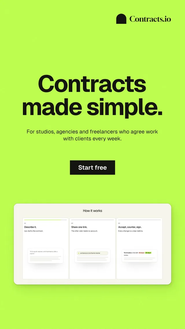 Instagram story for contracts.io: "Contracts made simple." Swiss style, centred layout, light palette in green.