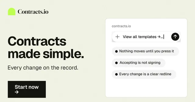 Social ad for contracts.io: "Contracts made simple." Swiss style, bottom layout, light palette in yellow, green, white.