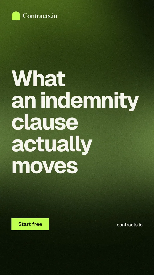 Instagram story for contracts.io: "What an indemnity clause actually moves". Swiss style, poster layout, dark palette in black, green.