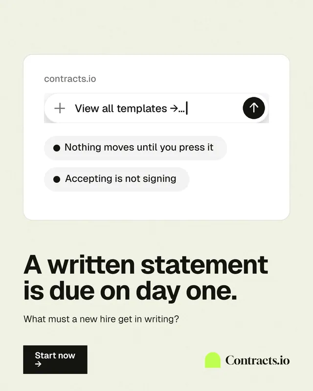 Instagram portrait post for contracts.io: "A written statement is due on day one." Swiss style, bottom layout, light palette in white, grey.