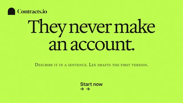 Landscape graphic for contracts.io: "They never make an account." Swiss style, smallcaps layout, light palette in green.
