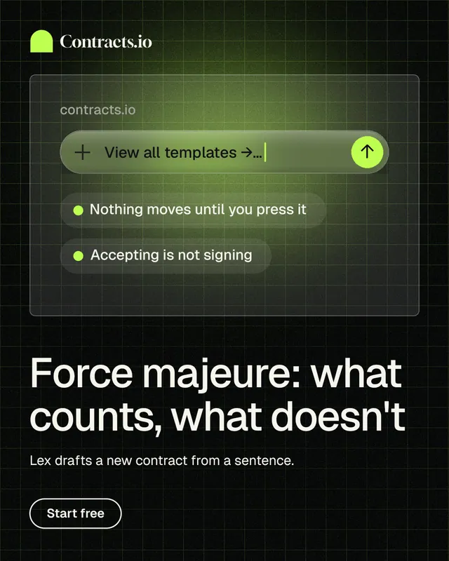 Instagram portrait post for contracts.io: "Force majeure: what counts, what doesn't". Phosphor atlas style, bottom layout, dark palette in black, green.